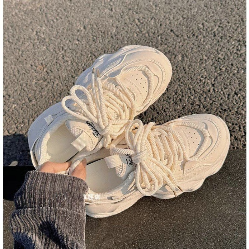 Embroidery Garments - Dames Beige Platform Dad Sneakers Mesh