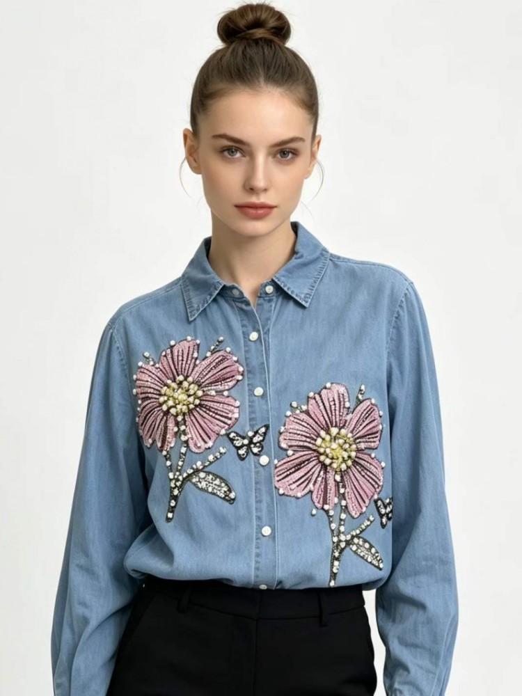 Dames Denim Borduurwerk Blouse - Embroidery Cotton Shirt recensie en prijs