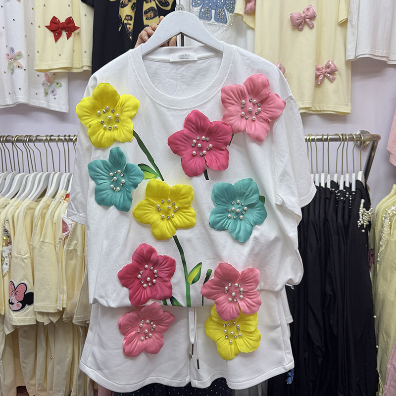 Zomer Kleurrijke 3D Bloemen T- - Embroidery Cotton Shirt recensie en prijs